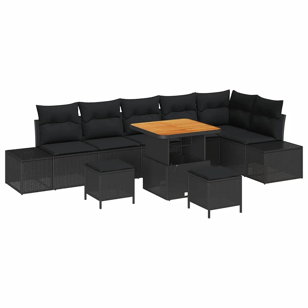 Set Divano da Giardino con cuscino 9 pcs Nero polyrattan