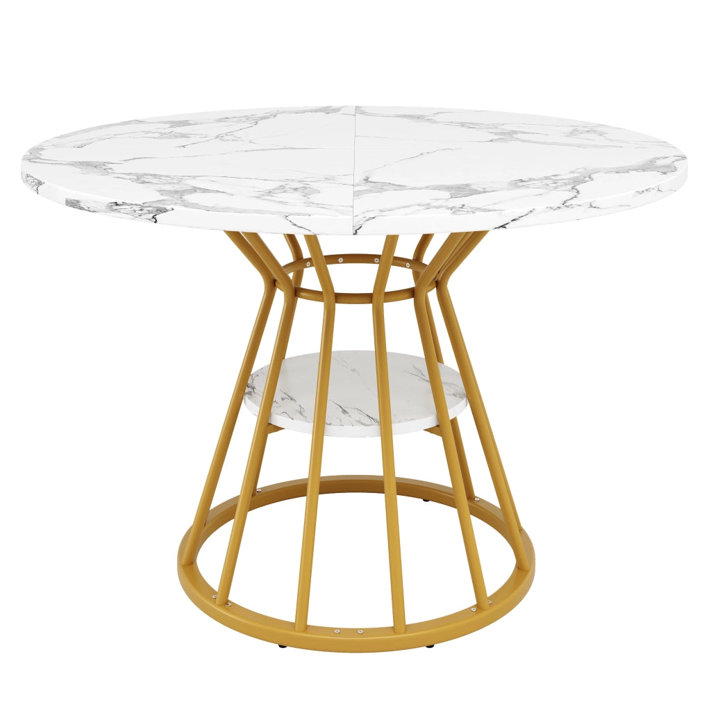 Tavolo da pranzo rotondo con piano in MDF effetto marmo e ripiano centrale per cucina soggiorno oro diametro 100 cm
