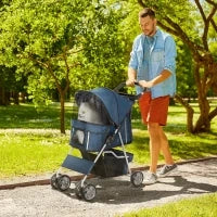 Passeggino per Cani Pieghevole con Cestino e Portabicchiere, Peso Max. 10 kg, 75x45x97cm, Blu Scuro