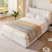Letto matrimoniale 140 × 200 cm imbottito con testiera trapuntata e 2 cuscini, senza materasso, velluto beige
