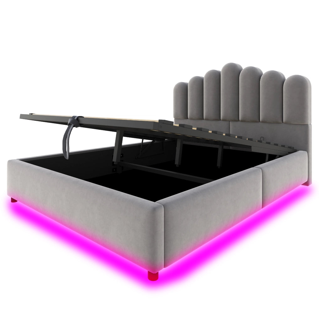 Letto imbottito 140x200 cm con contenitore; LED e testiera unica in velluto grigio