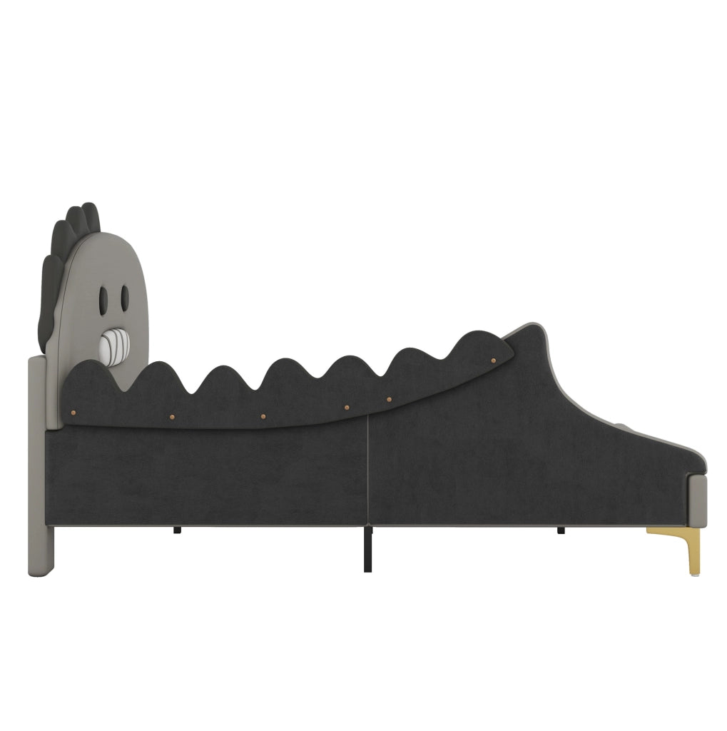 Letto per bambini a forma di dinosauro in PU grigio; per materasso 140 x 200 cm
