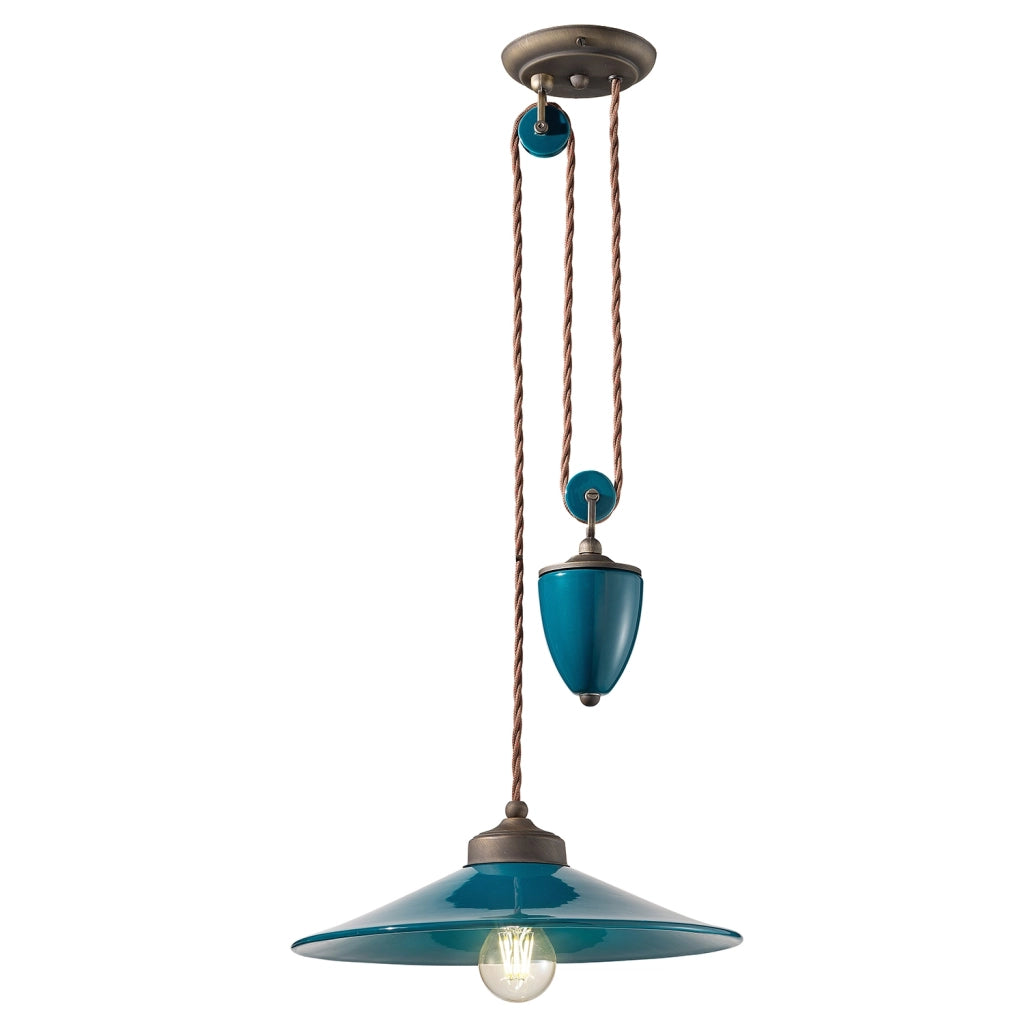 Lampadario Vintage Colors Saliscendi Ferro E Ceramica Verde Petrolio 1 Luce E27