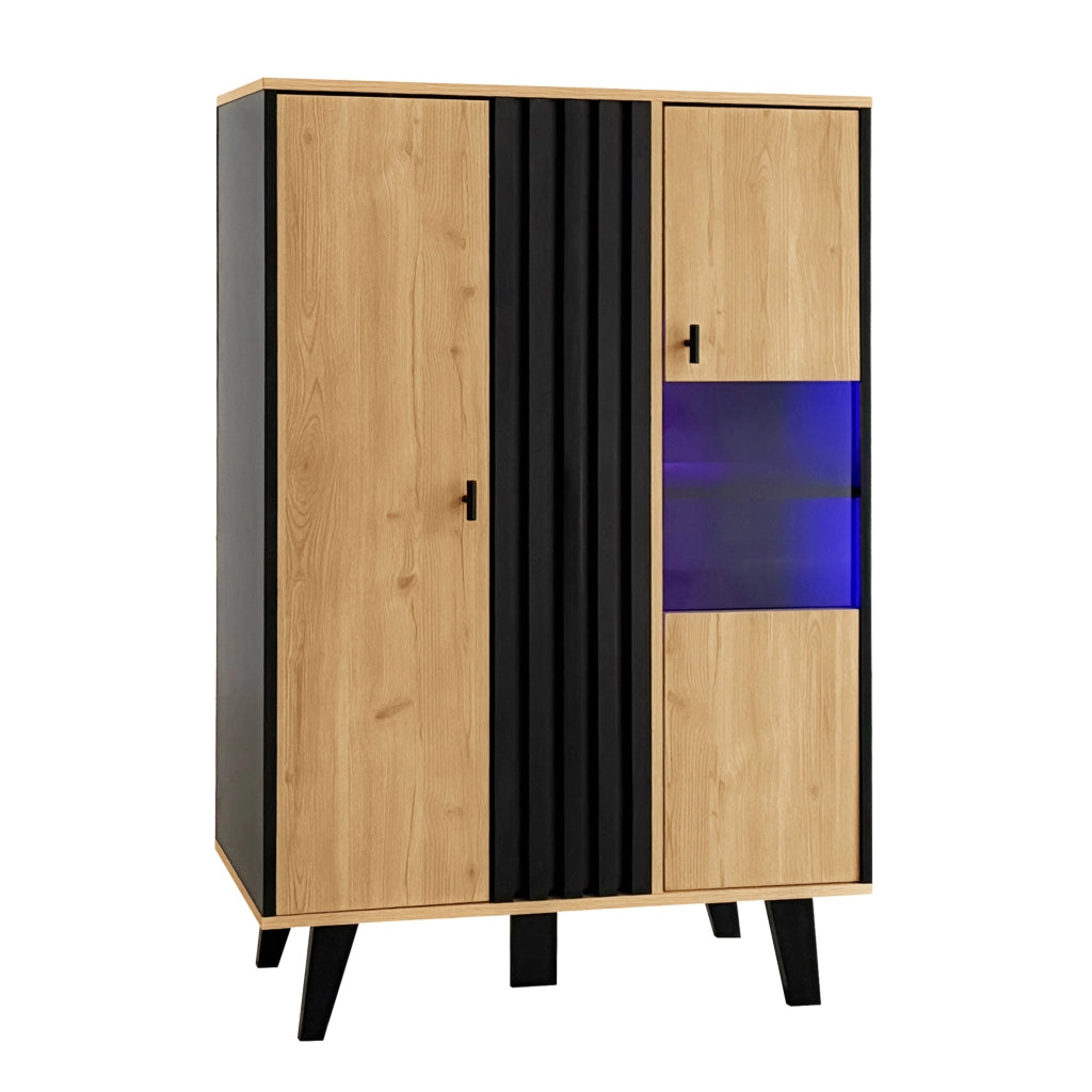 Vetrina 80x120x40 cm con ante in vetro e illuminazione LED in truciolato nero e naturale