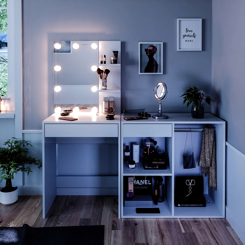 Vicco Tavolo da toeletta Bianco 140 cm con illuminazione LED e armadio