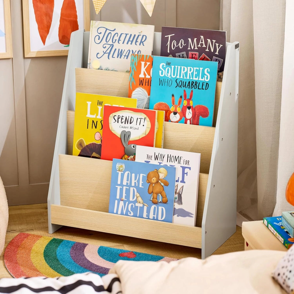 Libreria per Bambini Scaffale a Scala Scaffale Portaoggetti Libreria a Scala Grigio-Naturale 61x30x71cm KMB106-HG