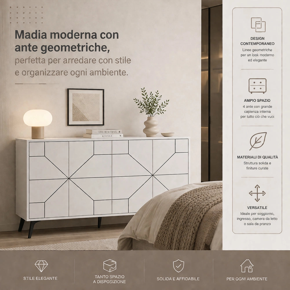 Madia con 4 Ante Credenza Design Geometrico Moderno in Legno 123x77 cm Bianco