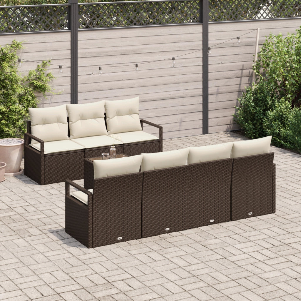 Set Divano da Giardino da 8 Pezzi con Cuscini Marrone Rattan Poliestere