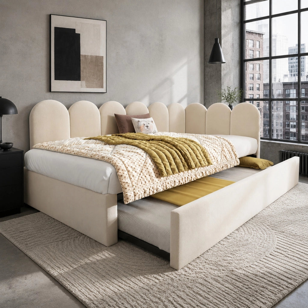 Letto daybed 90x200 cm con letto estraibile 90x190 cm, velluto beige, senza materasso
