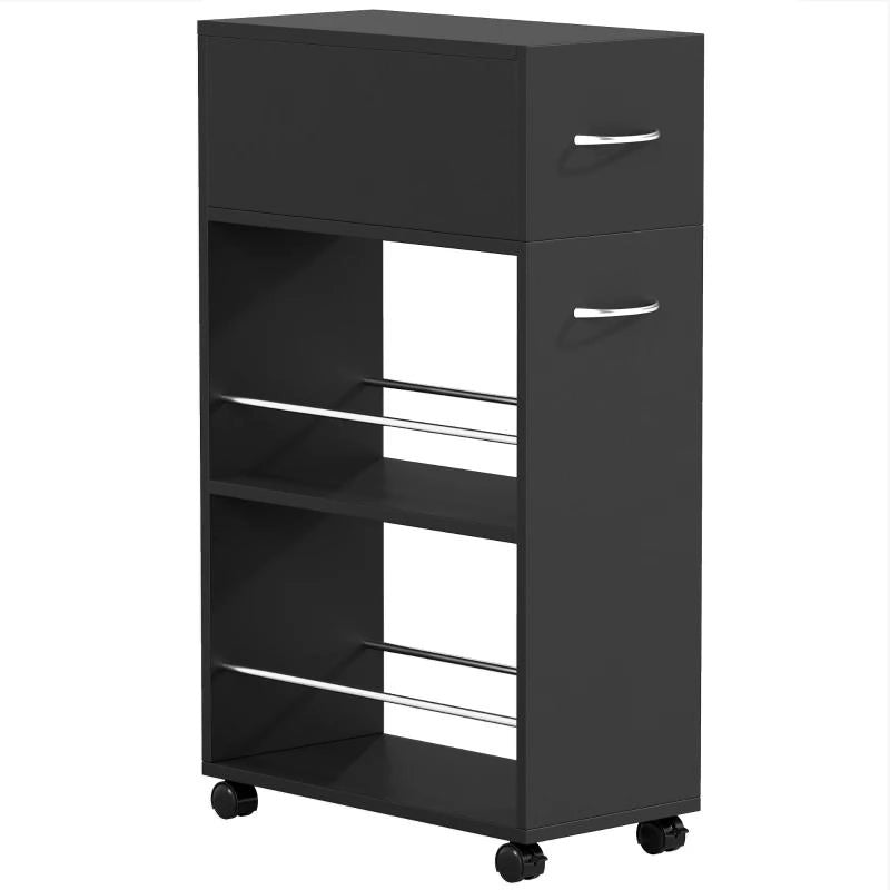 CARRELLO DA CUCINA CON 2 RIPIANI APERTI, CASSETTO E PARAPETTI, LEGNO E ACCIAIO INOX, 25X50X85 CM, NERO