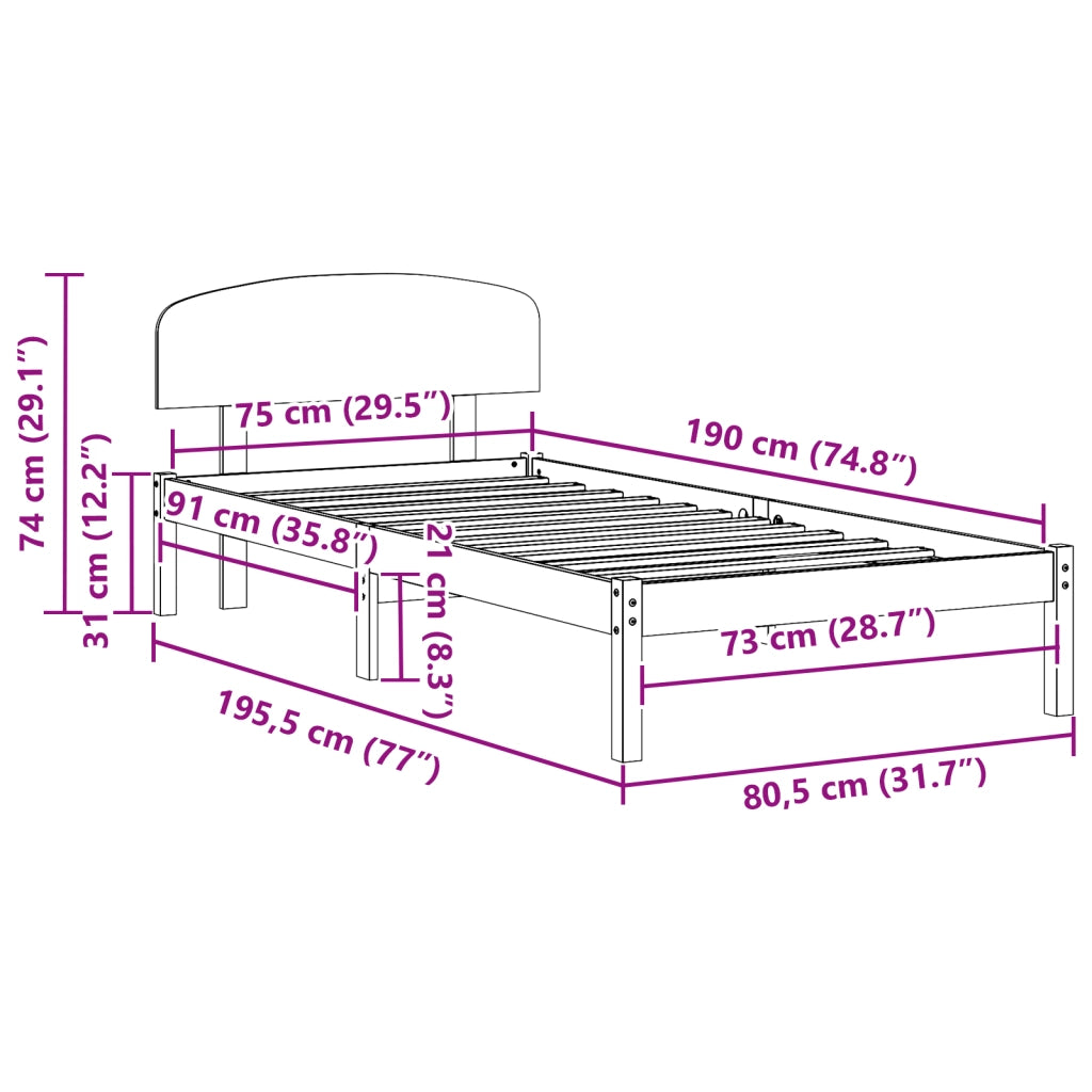 Telaio Letto con Testiera 75x190 cm Legno Massello di Pino