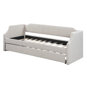 Letto estraibile singolo 90×200 cm e 90×190 cm con braccioli imbottiti; senza materasso; cotone lino; beige