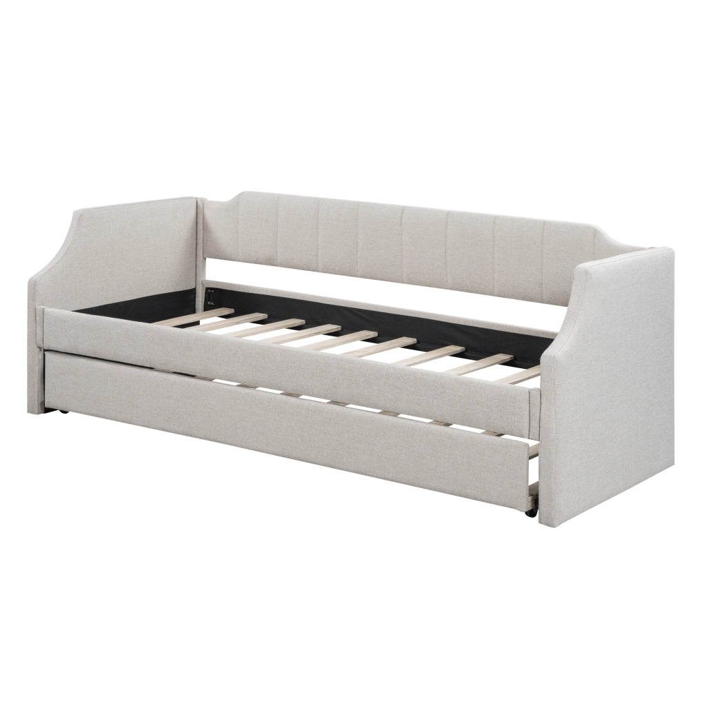 Letto estraibile singolo 90×200 cm e 90×190 cm con braccioli imbottiti; senza materasso; cotone lino; beige