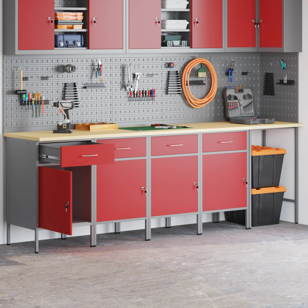 Set di 5 pezzi di armadio da lavoro e tavolo ad angolo in legno ingegnerizzato rosso