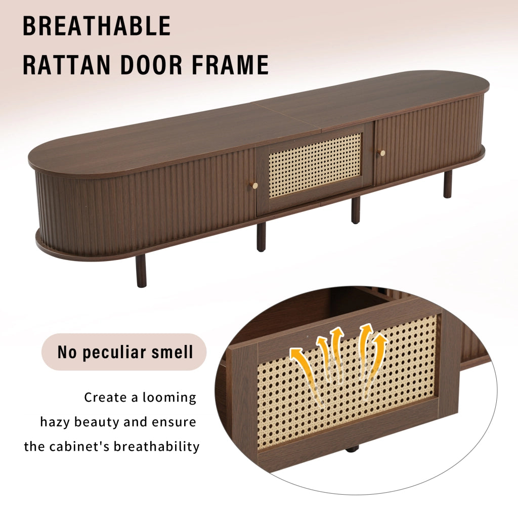 Mobile porta TV ovale con 1 cassetto e 2 ante scorrevoli, per soggiorno, in MDF, noce scuro, 180 × 40 × 40 cm