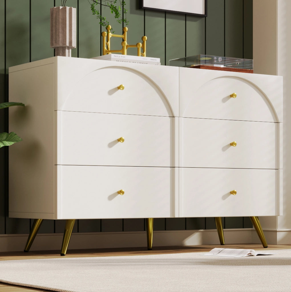 Cassettiera con 6 cassetti frontali curvi 120x40x85 cm; in truciolare e metallo; crema bianco