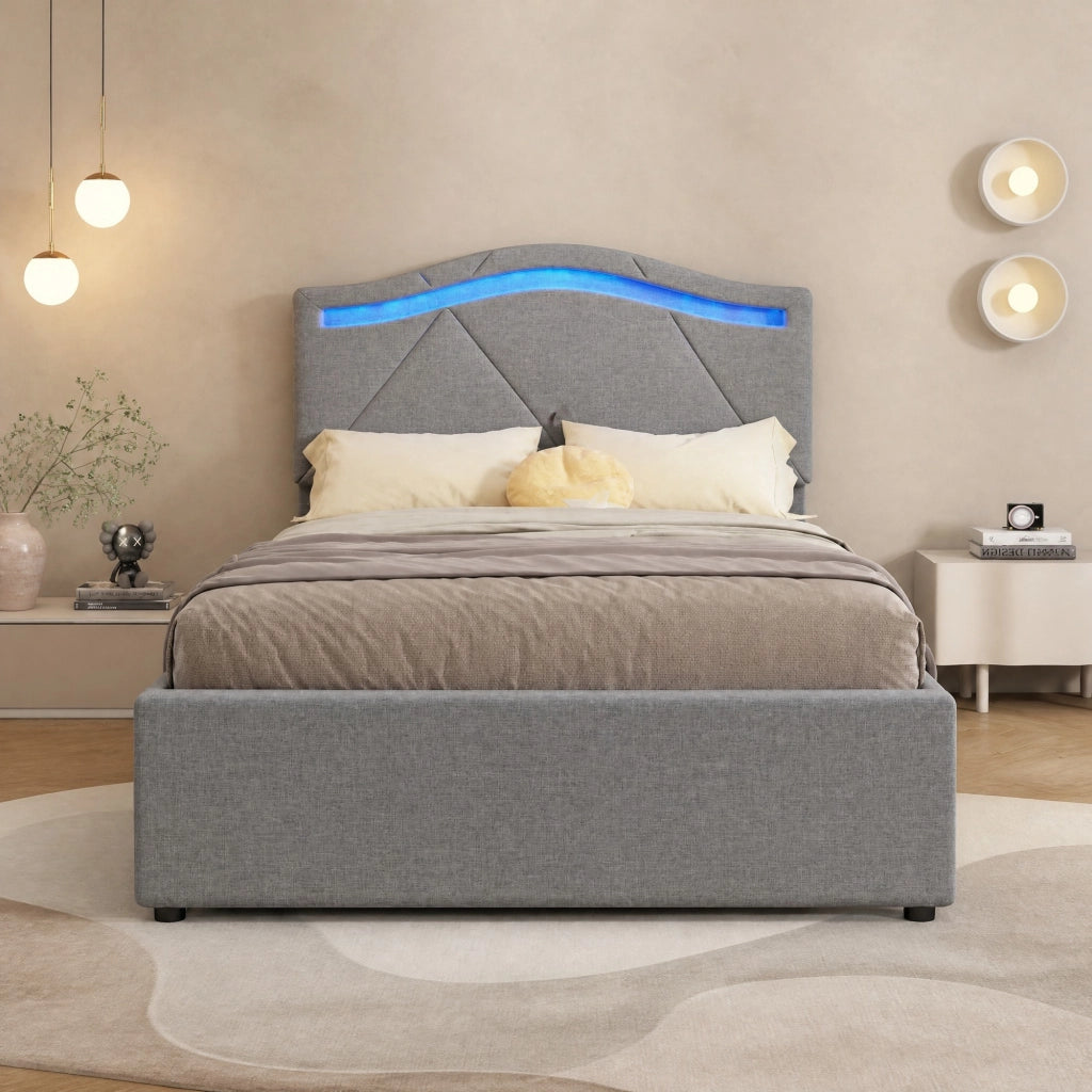 Letto singolo imbottito 90x200 cm con LED e 2 cassetti
