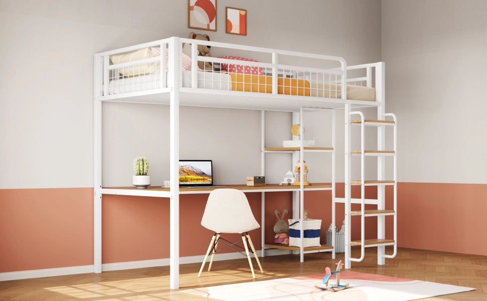 Letto a castello singolo bianco con funzione scrivania e scaffali in metallo 90x200 cm