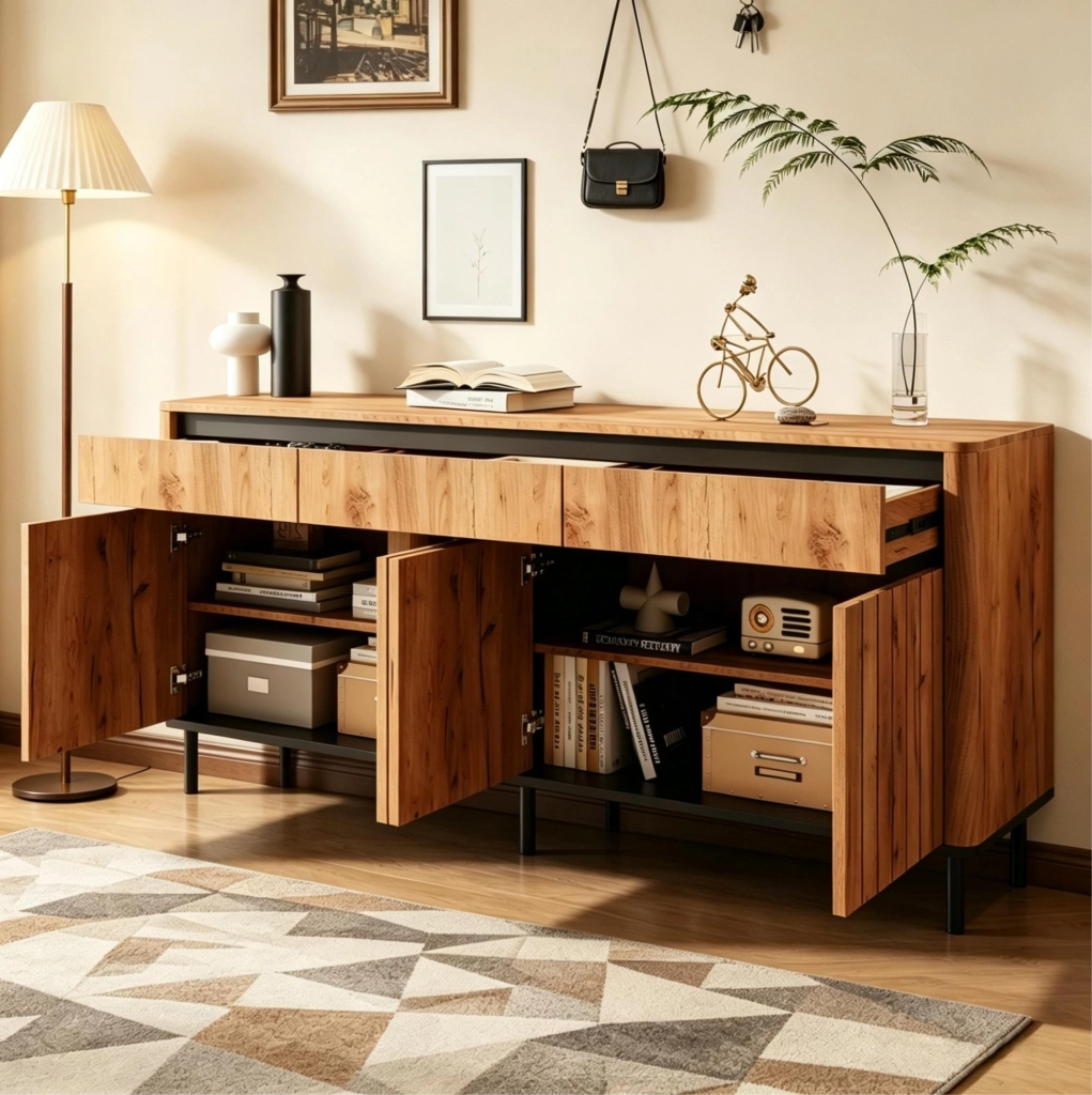 Credenza moderna 160x40x73 cm in MDF, 3 cassetti e 3 ante a lamelle