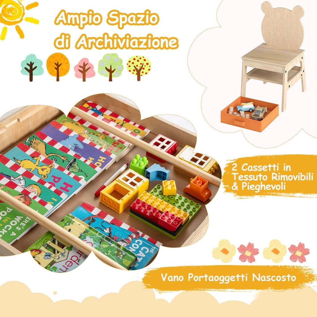 4 in 1 Set Tavolo e Sedie per Bambini 3+ Anni, Tavolo in Legno con Lavagna Reversibile Bianca e Nera, Sedie Ergonomiche con 2 Cassetti Portaoggetti, Ideale per Arti, Mestieri e Giochi (Panda)
