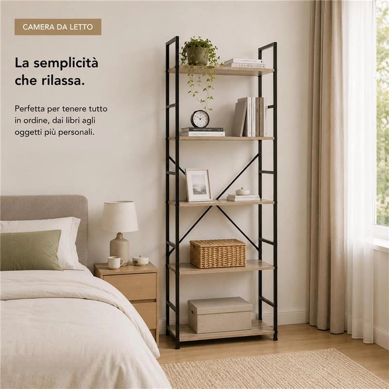 LIBRERIA STILE INDUSTRIAL A 5 RIPIANI IN LEGNO E METALLO DIMENSIONI 59X24X144CM - COLORE ROVERE