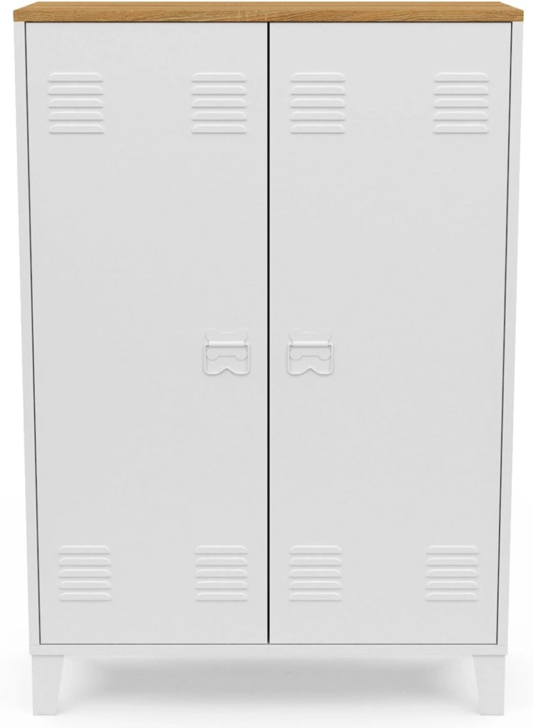 ESTER Armario de 2 puertas de metal blanco con encimera de madera de diseño industrial