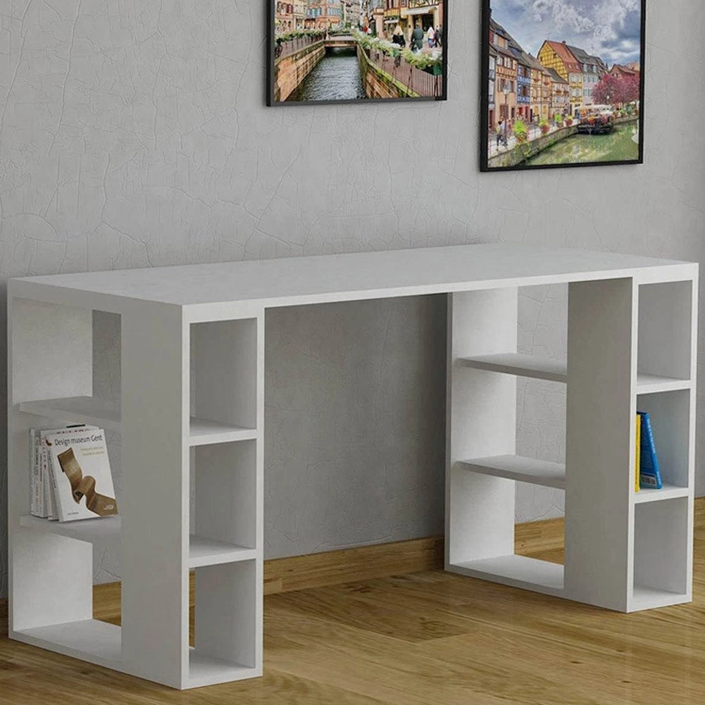 Scrivania Tavolo con Gambe Libreria 140x60x75 cm 6 Scomparti Laterali in Legno Bianco