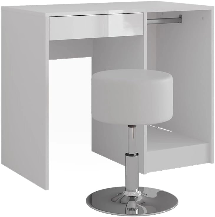 Tavolo da toeletta Sherry, Bianco/bianco lucido, 89.8 cm con sgabello