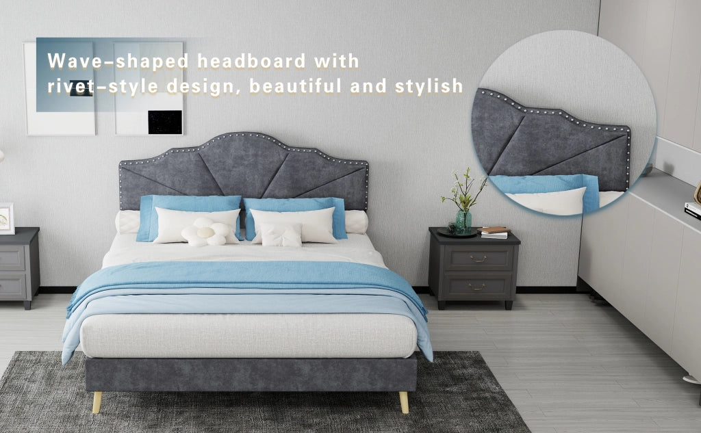 DESMIU Letto 140 × 200 cm 2 posti con testiera geometrica, senza materasso, in tessuto e metallo, grigio