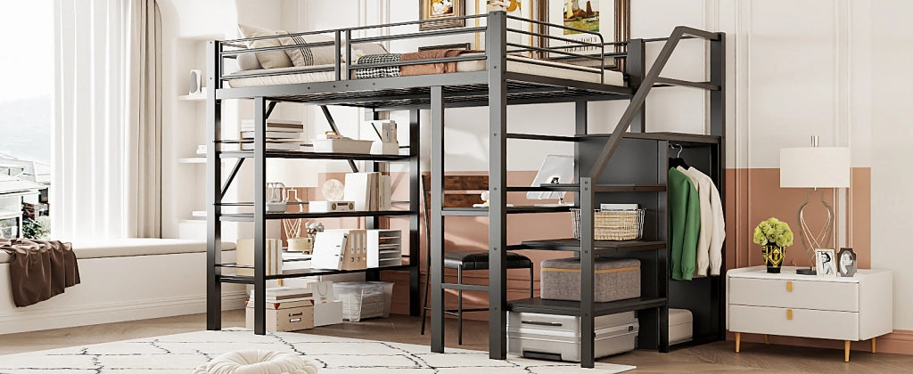 DESMIU Letto a Soppalco 2 Posti con Scrivania, Armadio, 3 Ripiani e Scala Contenitore 140 × 200 cm Senza Materasso