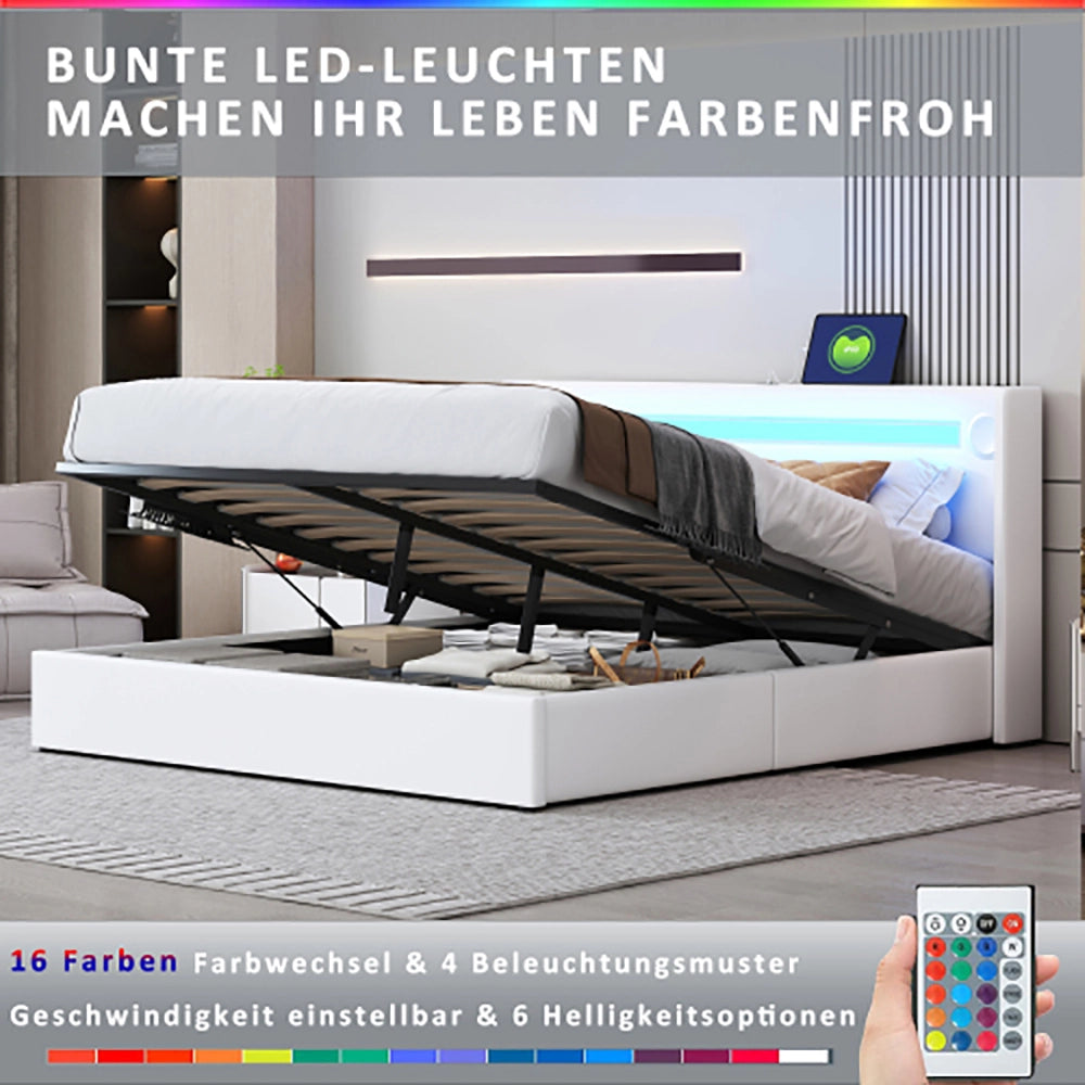 Letto con cassetti e LED Bluetooth - Xylo - 160x200 cm - Bianco - USB e rivestimento in pelle