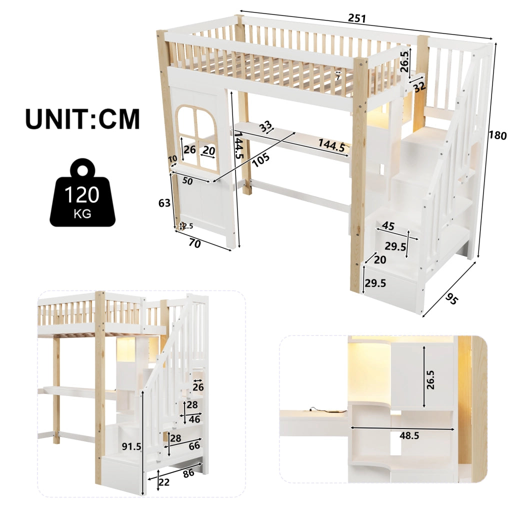 Letto a Soppalco Singolo con LED; Scrivania; Scala Contenitore e Ripiani 90×200 cm; senza Materasso