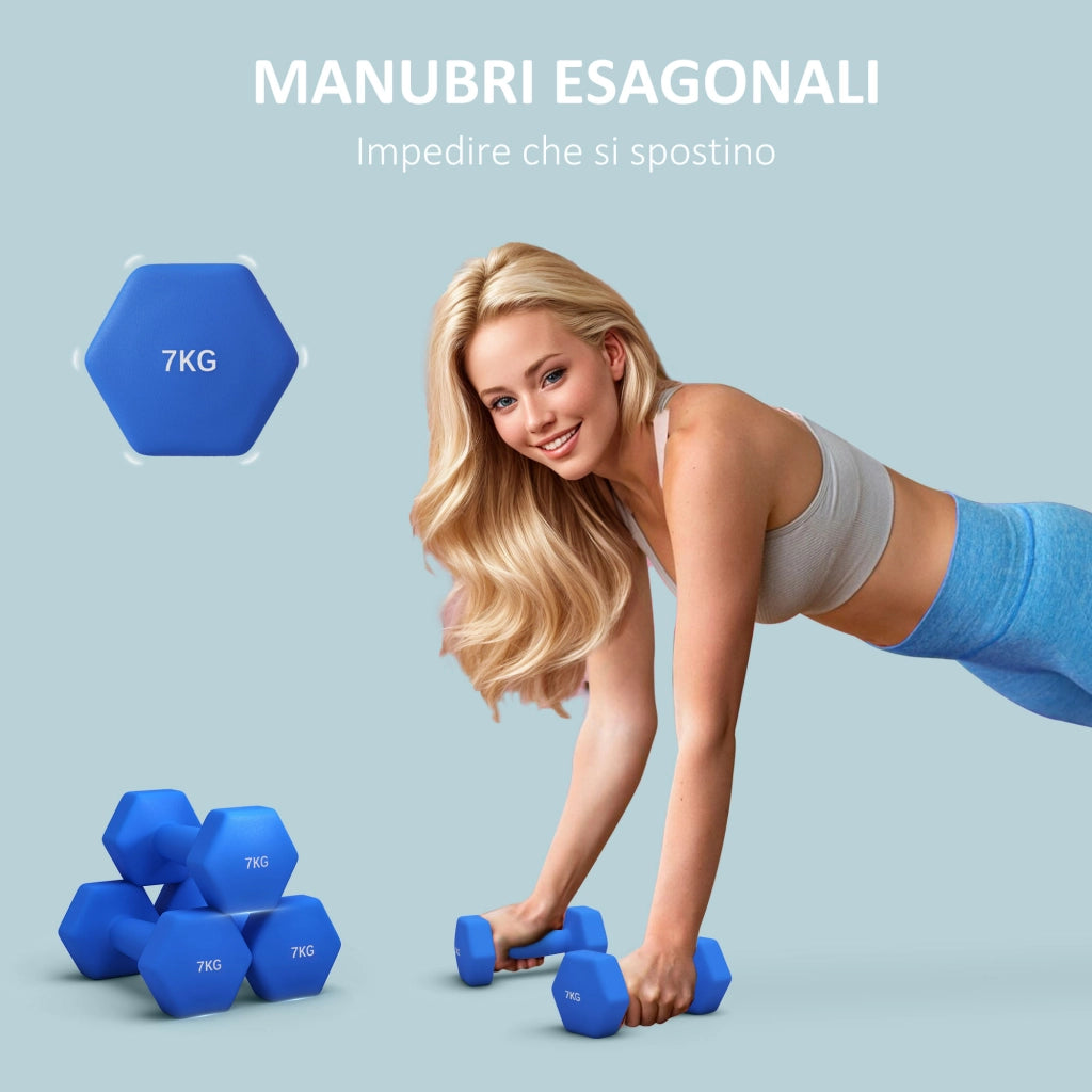Set 2 Manubri Esagonali ¨C Minimal ¨C Blu, Metallo e Plastica, 22.5x10.5x10.5 cm