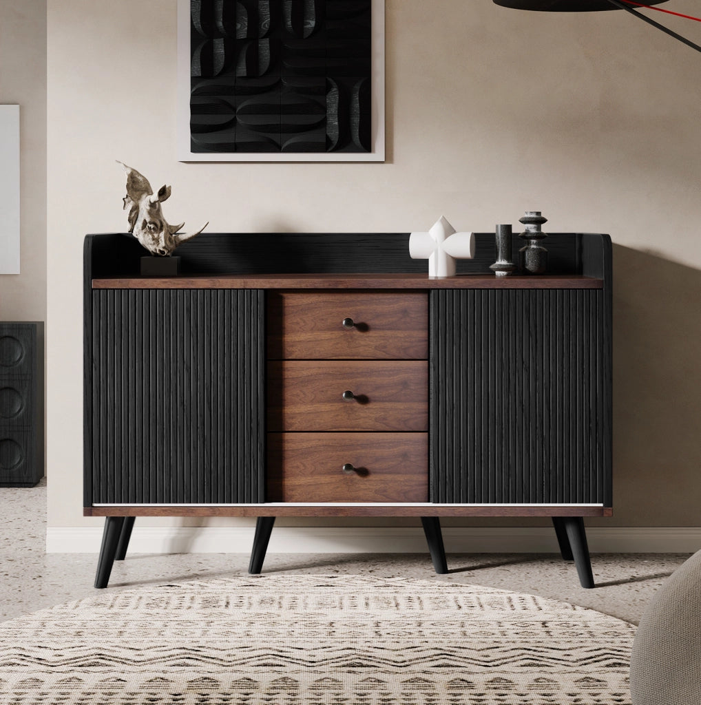 Sideboard 117.5x40x80 cm con 3 cassetti; ante scorrevoli e ripiani; nero e legno
