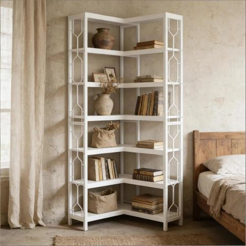 Libreria angolare autoportante in legno ingegnerizzato e metallo, design esagonale, colore bianco
