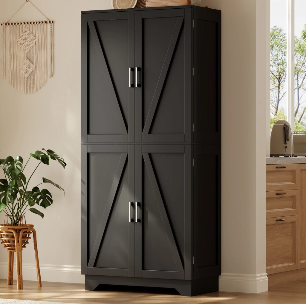 Credenza alta da cucina 80x40x180 cm con 4 ante stile barn; ripiani portabottiglie; nero e naturale