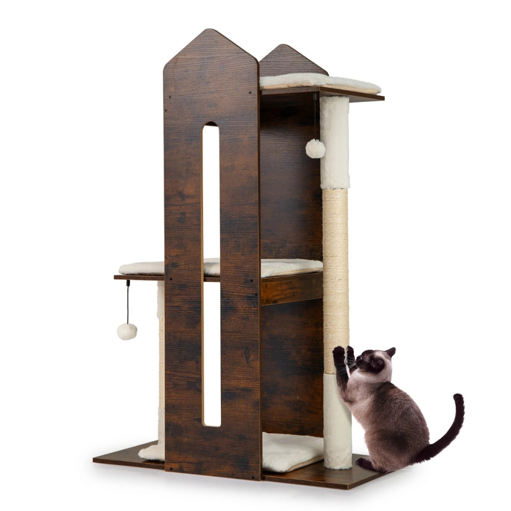 Albero per gatti moderno da interno torretta in legno per gattini, Albero mobile multilivello per arrampicata