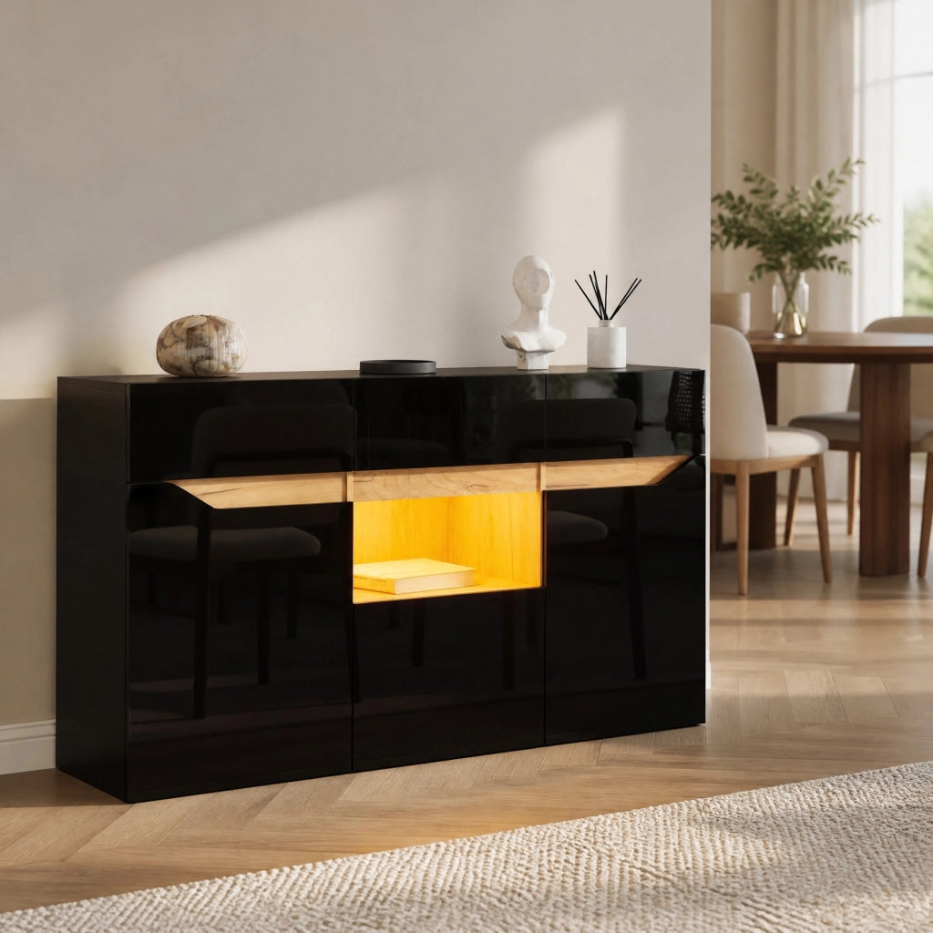 Credenza soggiorno con LED 140x40x70 cm; 4 cassetti e 2 ante in truciolare nero
