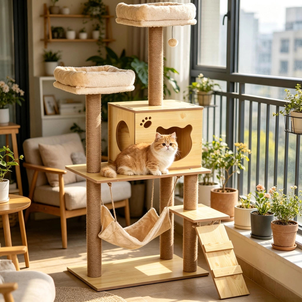 Albero Tiragraffi per Gatti Multilivello in Truciolare e Peluche, Beige/Marrone, 60x40x130 cm
