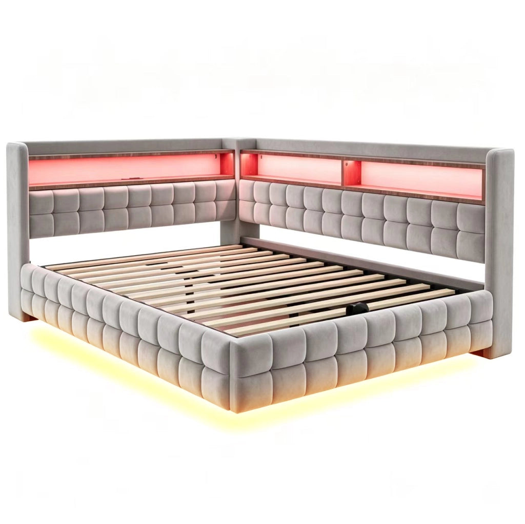 Divano letto imbottito 217x155.5x85 cm con vano contenitore; prese; LED; legno; grigio chiaro