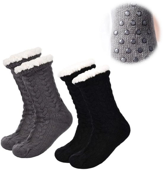 Calze Antiscivolo Invernali Felpati - Unico Taglia - Calze Densa - Calze da Notte - Calze Felpate - Calze Riscaldanti - Calze con Pizzo - Calze Invernali - Ideale per Regali - Natale (Nero/Grigio)