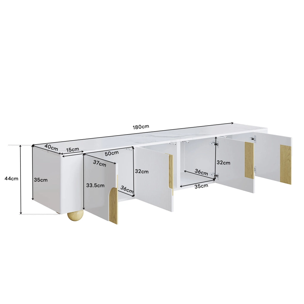 Mobile TV con 4 Ante; Superficie Effetto Marmo; per Soggiorno; in MDF e Pannelli di Particelle; 180×40×44 cm; Bianco e Legno