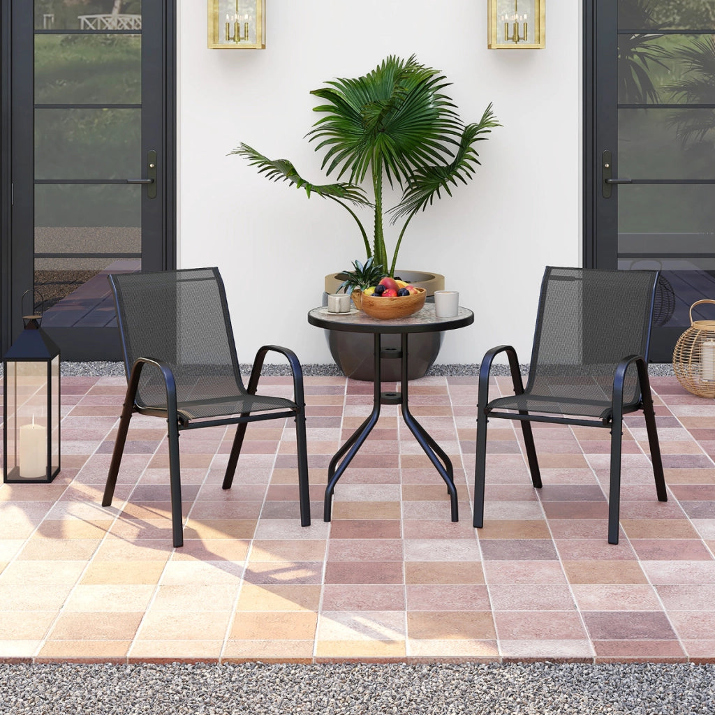 Set bistrot da esterno 3 pezzi, Tavolino rotondo con 2 sedie impilabili piano tavolo in vetro temperato Nero-Set mobili da esterno