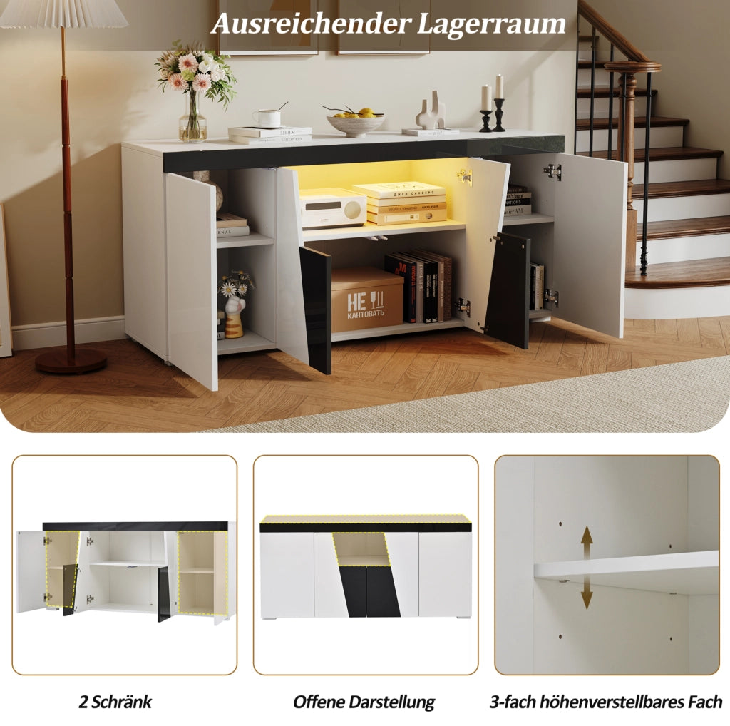 Sideboard 140x40x65 cm con 4 ante; LED e finitura lucida; bianco e nero