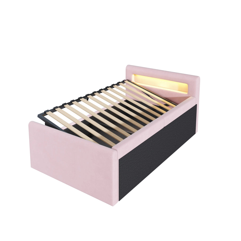 Letto imbottito 90x200 cm con LED; luce notturna; USB e contenitore in velluto rosa