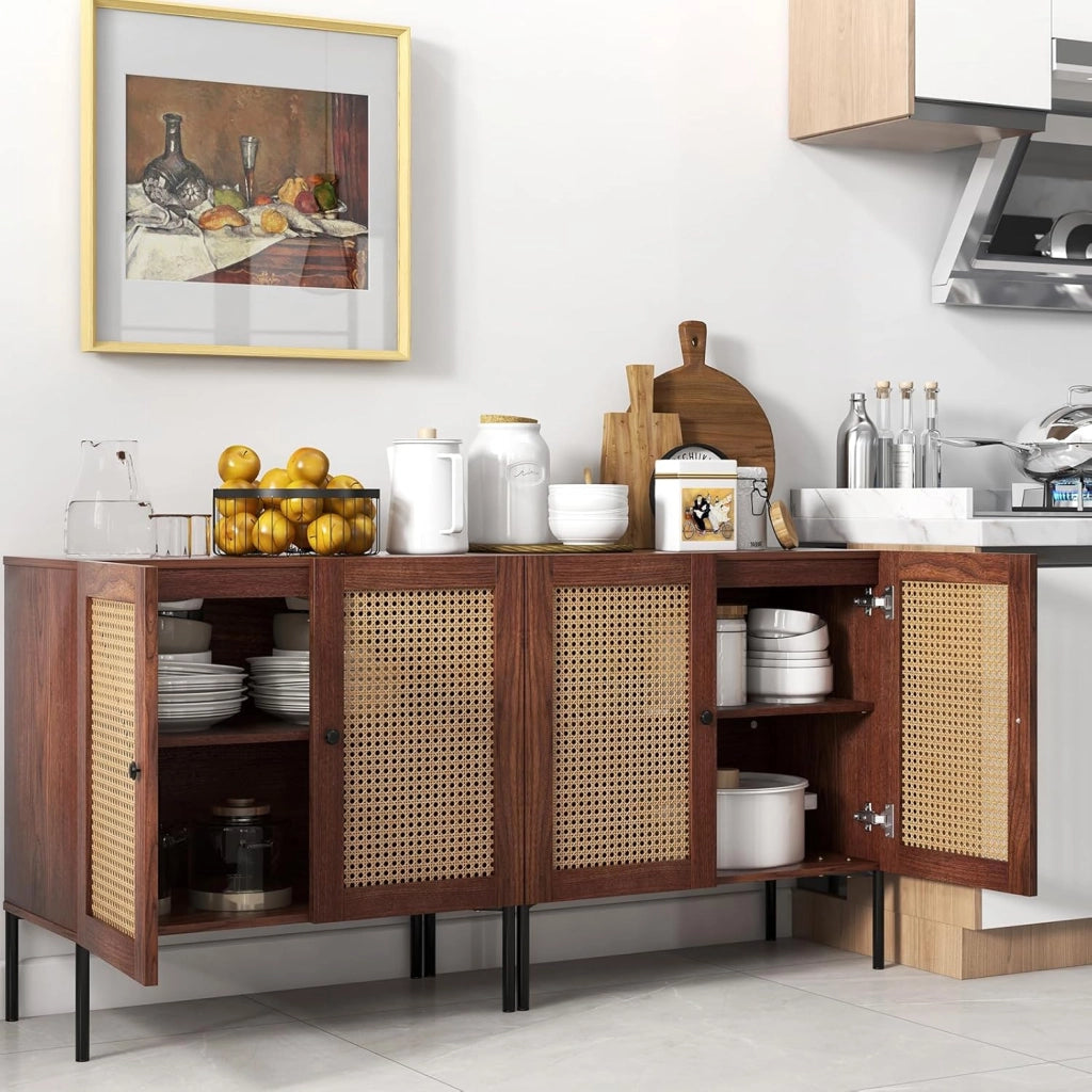 Credenza, credenza, credenza, credenza da cucina, con 2 ante e scomparti regolabili, armadietto a buffet, in legno e rattan, 80 cm x 40 cm x 80 cm (marrone)