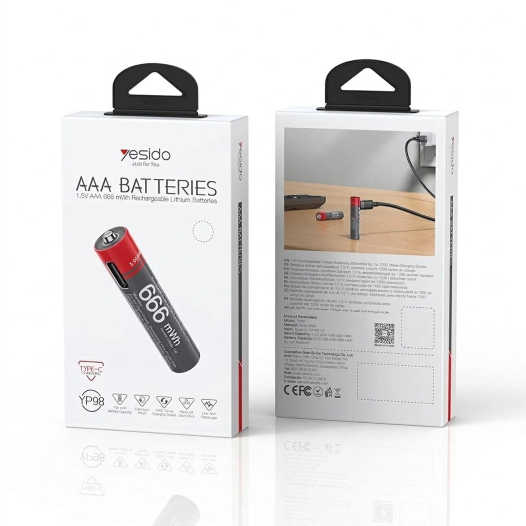 8x Batterie AA Litio 440mAh 1.5V 666mWh Ricaricabili USB-C Nero / Rosso Yesido