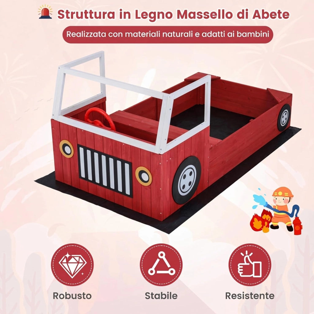 Sabbiera per Bambini in Legno Massello, Sabbionaia da Esterno con Panca Sedile e Fodera, Forma di Autopompa, Gioco per Spiaggia, Cortile e Giardino, 156x80x70 cm