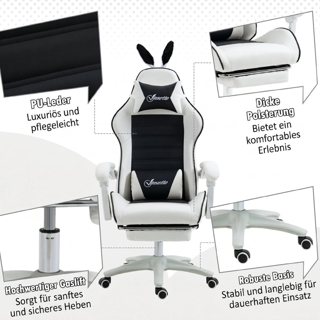 Sedia da Gaming con Orecchie da Coniglio 65x63x136-142 cm Poggiapiedi Cuscini in Pelle PU Nero