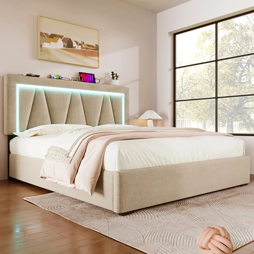 Letto matrimoniale con cassetti e LED - Xylo - 160x200 cm - Beige - Caricamento USB-C e illuminazione LED